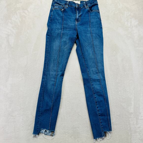 Free People Jeans Women 29R Med Wash Blue Denim Pintuck Step Hem Mid Rise Skinny - Picture 1 of 13